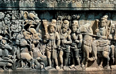 Reliéf zobrazující scénu ze sútry, Barabudur, Java, c750-850