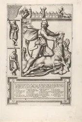 Reliéf s Mithrasem klečícím na býkovi a vrážejícím mu meč do ramene, vlevo tw..., 1564.