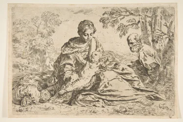 Odpočívej na útěku do Egypta, Marie drží malého Krista se svatým Josefem ..., asi 1640 nebo později.