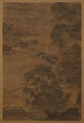Říční krajina: hory, borovice a budovy, dynastie Ming, 1368-1644.