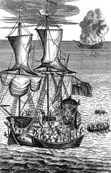 Robinson Crusoe zachraňuje posádku lodi v plamenech na moři, c1719