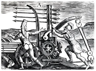 Římští vojáci používající válečný motor vystřelující několik šípů, 1605