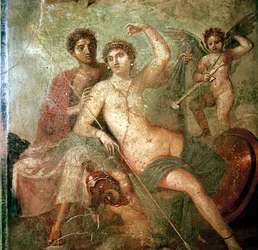 Římská nástěnná malba Amor, Venuše a Mars, Pompeje, Itálie
