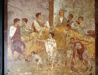 Římská nástěnná malba večírku, Pompeje, Itálie