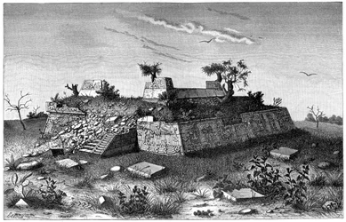 Ruiny pyramidových schodů Xochicalco, Mexiko, 1901