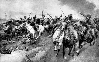 Ruští kozáci útočící na německou armádu, východní Prusko, první světová válka, 1914