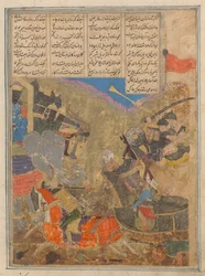 Rustam bojuje se Sávou, Folio z knihy králů Shahnama, 15. století.