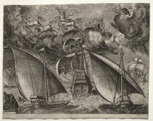 Plachetnice: Dvě galéry plující za ozbrojeným trojmajstrem s Phaetonem..., 1561-65.
