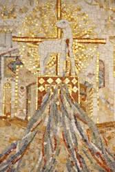 Bazilika opatství Saint-Maurice, Mozaika od Madeleine Diener, Beránek Boží a 7 kanálů symbolizujících stvoření, Saint-Maurice, Suisse