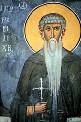 Saint Arsene: byzantská freska ze 14. století (1332) Nathex, jižní stěna kostel Panny Marie Phorbiotissa, Asinou místo UNESCO Troodos region, Kypr