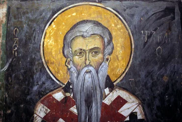 Saint Iraklion (Heraklion) Byzantská freska z kláštera Agios Ioannis Lampadistis, Saint John Lampadistis Kypr 11. století Malované kostely UNESCO Troodos, Kypr