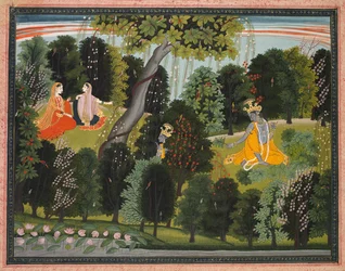 Sakhi přesvědčuje Radhu, aby se setkala s Krišnou, z Lambagraon Gita Govinda..., c. 1820-1825.