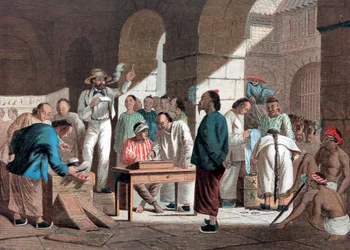 Prodej anglického zboží v Kantonu, 1858