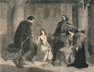 Scéna z Hamleta - Král, Ofélie a Laertes, 1852.