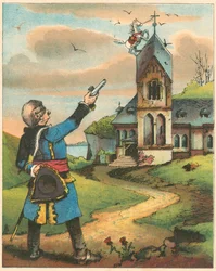 Scéna z Dobrodružství barona Munchausena od Rudolpha Ericha Raspeho, c1850