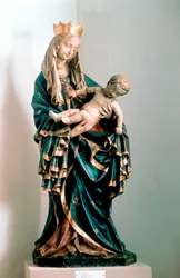 Schone Madonna, malovaná socha, z Pfarrkirche, Bad Aussee, Rakousko
