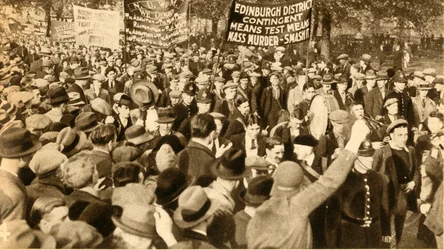 Skotští demonstranti, protesty Means Test, Hyde Park, Londýn, 1932, 1933.