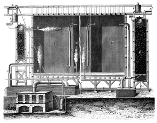 Pohled v řezu na olověné komory a absorpční věže Gay-Lussac, 1870