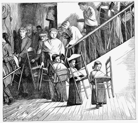Komunita Shakerů chodí na večeři a každý nese svou vlastní židli Shaker, stát New York, 1870