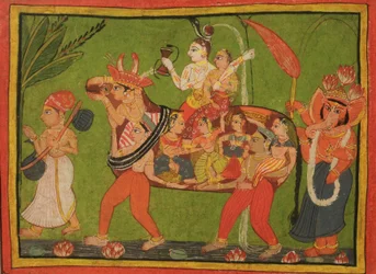 Shiva a Parvati na kompozitní krávě ze shromážděných žen
