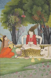 Shiva rozzuřený Parvatis přerušením jeho meditace, počátek 19. století.
