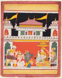 Shri Raga, ze série Ragamala, Tři hudebníci vystupují před šlechtou, c. 1650.