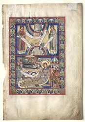 Jeden list vyříznutý z evangelijní knihy: Narození Páně recto a sv. Matouš verso, c. 1190.