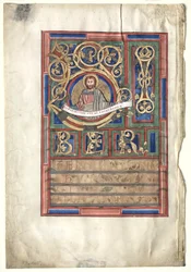 Jeden list vyříznutý z knihy evangelia s počátečním L[iber generationis]: St. Matthew verso, c1190