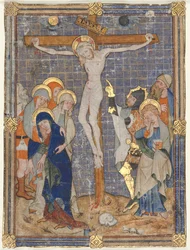 Jedna miniatura vyříznutá z misálu: Ukřižování, c. 1385-1390.