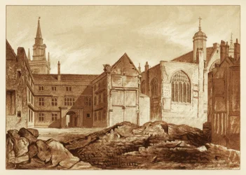 Jihovýchodní pohled na Guildhall Chapel a Blackwell Hall, City of London, 1886