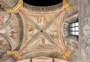 Jižní transept první východní úsek, Jacob posílá Josephova syna na Pastvinu, Spiknutí bratří k birdie Josephovi, Ruben navrhuje, aby byl vhozen do studny, Joseph prodán obchodníkům, Katedrála Santa Maria Assunta, Duomo, Cremona, Lombardie, Itálie (foto )