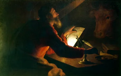 Svatý Lukáš evangelista píšící své evangelium, pozorovaný svým symbolem, volem, 17. století