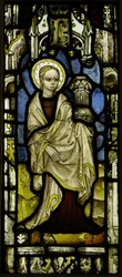 Vitrážový panel se svatou Barborou, britský, kolem roku 1450.