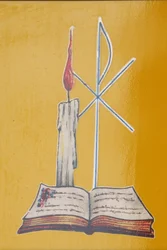 Vitráž. Oltářní svíčka a bible, Aneho, Togo