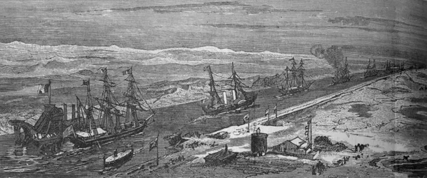 Parní lodě proplouvající Suezským průplavem, c1882