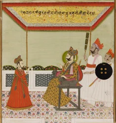 Surat Singh sedí na trůnu vyzbrojeném lvy a přijímá svého malého syna, c1800