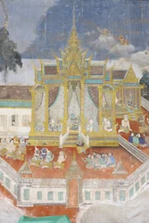 Sylver PagodaTato nástěnná malba zobrazuje scény z Reamker, což je kambodžská nebo khmerská verze klasické hinduistické básně Ramayana, Phnom Penh, Kambodža