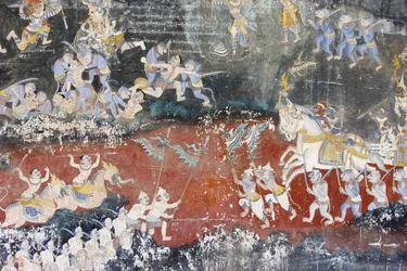 Sylver PagodaTato nástěnná malba zobrazuje scény z Reamker, což je kambodžská nebo khmerská verze klasické hinduistické básně Ramayana, Phnom Penh, Kambodža