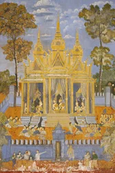 Sylver Pagoda Tato nástěnná malba zobrazuje scény z Reamker, což je kambodžská nebo khmerská verze klasické hinduistické básně Ramayana, Phnom Penh, Kambodža