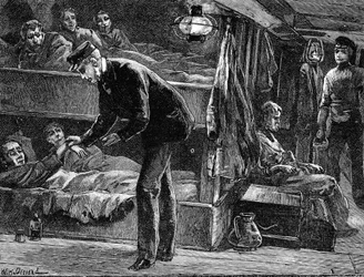 Měření tepu nemocného irského emigranta na palubě lodi, 40. léta 19. století c1890