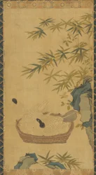 Tapiserie: holubice koupající se v misce, kameny a bambusy, možná dynastie Ming, 1368-1644.