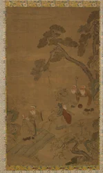 Gobelín: pět mudrců v zahradě pod borovicemi, dynastie Ming až dynastie Qing, 1368-1911.