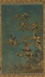 Tapiserie: ovocné stromy a topolovky, dynastie Ming, 1368-1644.