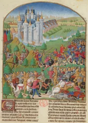 Bitva u Auray dne 29. září 1364 Miniatura z Compillation..., c. 1480.