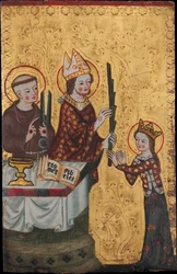 Biskup z Assisi dává palmu svaté Kláře, ca. 1360.