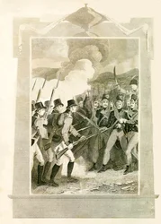Britové útočící na francouzské linie bajonety v bitvě u Maidy, 1806, 1816.