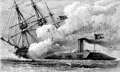 Konfederační obrněný Merrimac potápějící USS Cumberland, 1862 c1880