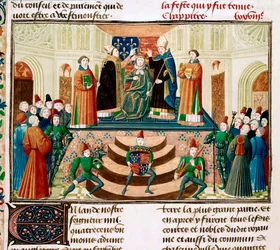 Korunovace Jindřicha IV. Anglického. Detail miniatury z Grandes Chroniques de France od Jeana Froissarta, asi 1470