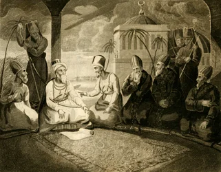 Dey z Alžíru se radí se svou radou o příjezdu anglické flotily, 1816.