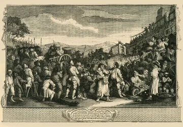 Nečinný učeň popraven v Tyburnu. After Hogarths Print., 1747, c1876.